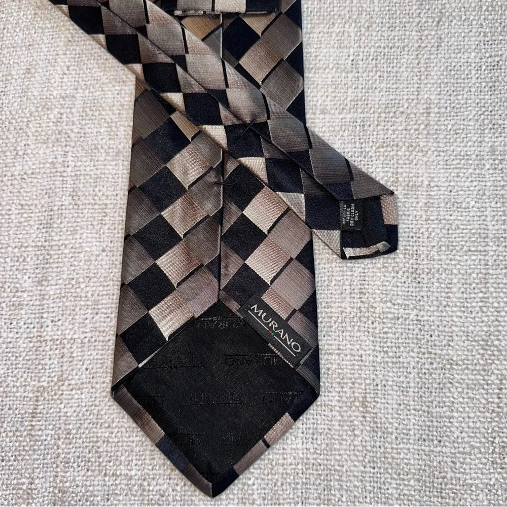 MURANO 100% Silk Tie Black Gray Tan Blocks Cubes Diamond Squares